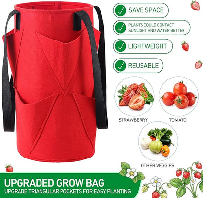 SATINIOR 10 Pack Upside Down Strawberry Planter Set Hanging Vegetables Grow Bags with 10 S Hooks, 3 Gallon Fabric Planting Bags for Easy Vertical Gardening(Red)