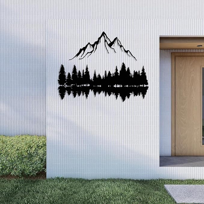 Mountain and Forest Lake Reflection Metal Wall Art, Nature-Inspired Silhouette Decor for Living Room, Bedroom or Office, Large Outdoor Wall Decor, Nature Christmas Décor (Black, 18x14 inches)