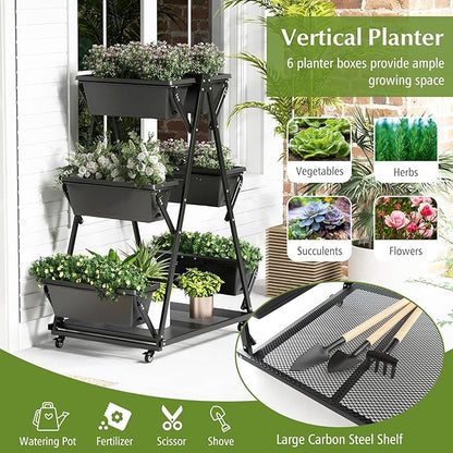 Giantex 6-Tier Rolling Raised Garden Bed, Vertical Planter Stand on Wheels with 6 Garden Boxes, Storage Shelf, Indoor Outdoor Freestanding Raised Beds for Flower Strawberry Vegetable Herb