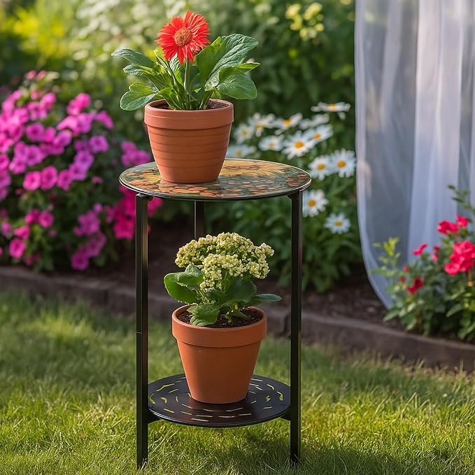 2-Tier Metal Round Side Table Black Accent Coffee Tables Small Space Corner Plant Stand Shelf for Indoor Outdoor Use Patio Balcony End Table Flower Print Weather-Resistant