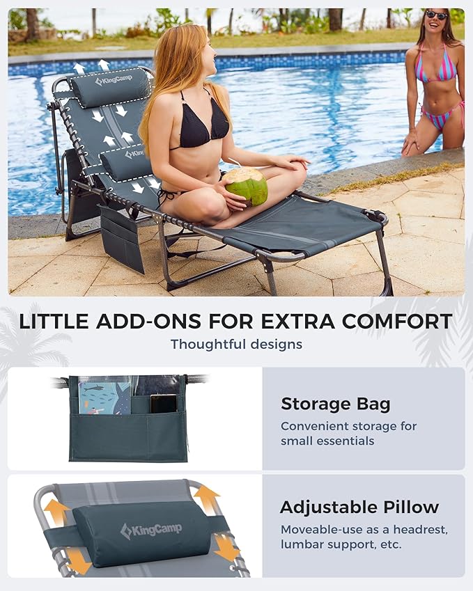 KingCamp 2 Pack Tanning Chair with Face Hole, Lounge Chairs Outdoor Folding Portable Comfy Adjustable 5-Position Chaise Chaser with Canopy Shade for Outside Beach Patio, Blue/Grey