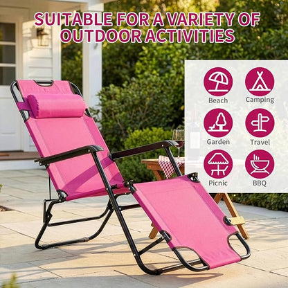 Outvita Folding Chaise Lounge Chair, Outdoor Adjustable Recliner Chair with Pillow for Camping, Beach, Poolside, Garden, Backyard, Lawn