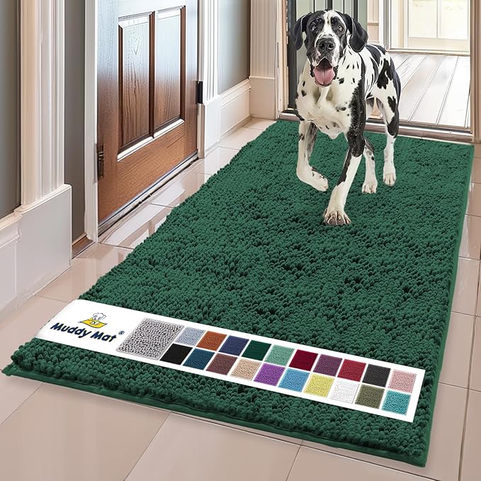 Muddy Mat® | Super Water Absorbent Door Mat Indoor, Microfiber Quick Dry Chenille Entryway Rug, Slip Resistant Front Door Mat, Indoor Mats for Entryway, Machine Washable Pet Rug, Dark Green 24" x 96"