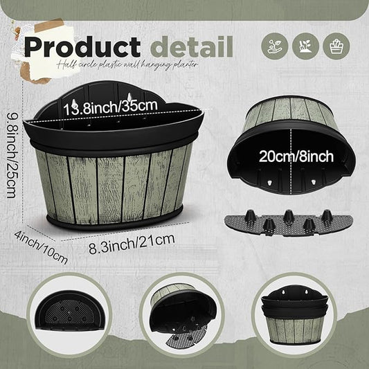 Layhit 6 Pcs Wall Hanging Planters Outdoor Pot Planter Wine Barrel Planter Distressed Oak Thickened Plastic Water Storage Flower Pots for Flower Indoor Outdoor(13.78 Inches,Grey Green)