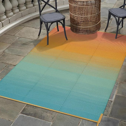 Anidaroel Ombre Outdoor Rug 5x8ft Waterproof for Patio Decor, Reversible Plastic Straw Outside Rug, UV Resistant RV Camping Mat for Porch, Balcony, Pool Deck, Backyard(Orange&Blue, 5'x8')