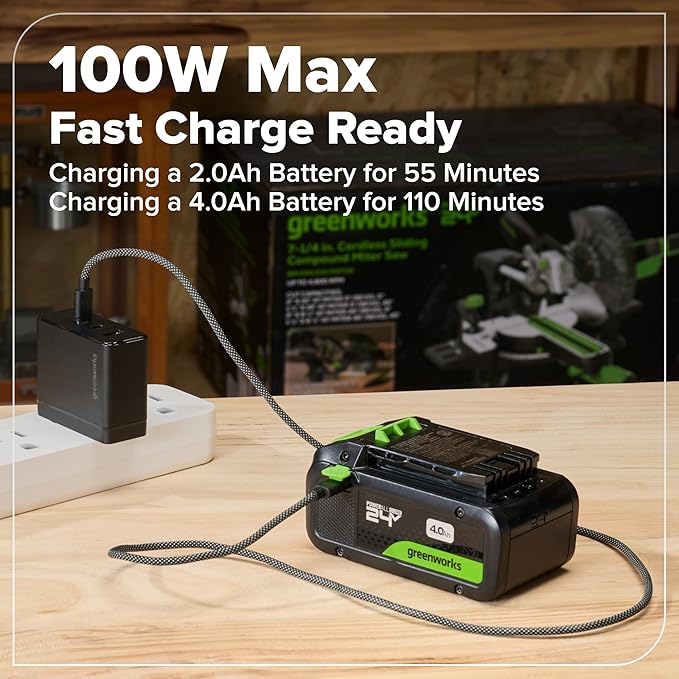 GREENWORKS 24V 1/2” Brushless Cordless Drill (400 In-lbs.) + 6.5” Circular Saw (4,800 RPM), (2) 2.0Ah (12,000mAh Power Bank) USB-C Batteries, Braided Cable, 65W Rapid Charger
