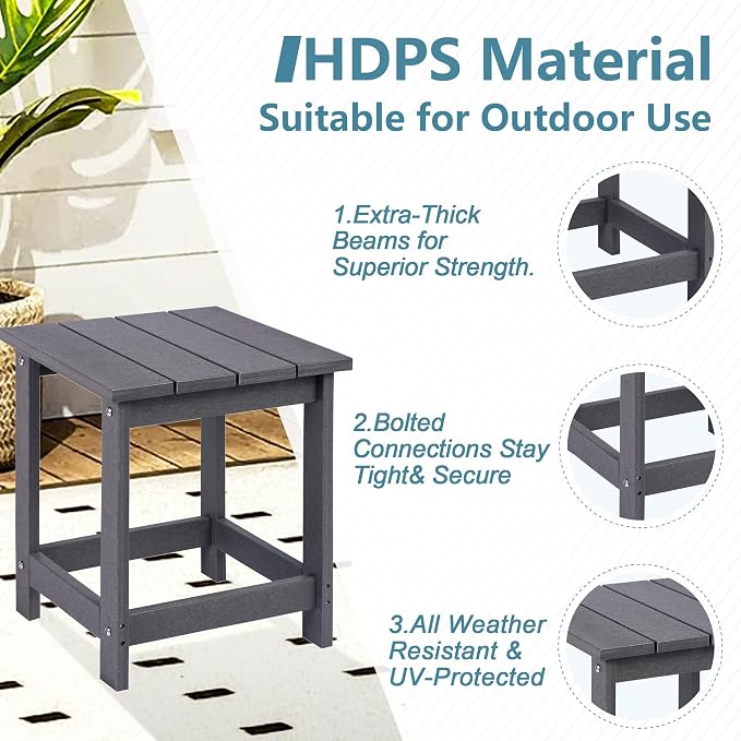 LZRS Adirondack Outdoor Side Table – Durable Weather-Resistant HDPE Patio End Table for Porch, Deck, Pool, Garden,Sturdy and Easy Assembly, Grey