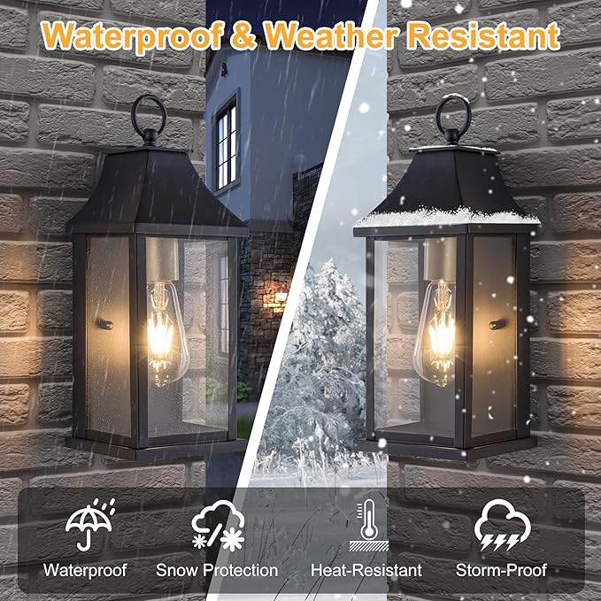 Dusk to Dawn Outdoor Wall Lantern, Modern 15" Outside Wall Sconce, Black Outdoor Light Fixture with Glass, Waterproof Exterior Lamp for House Porch Patio
