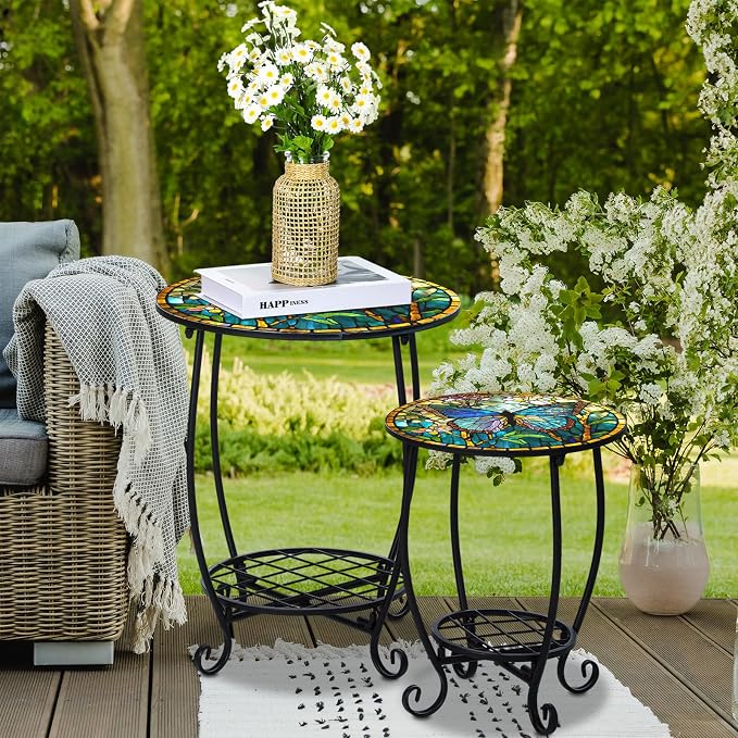 Cinnvoice 2 Pcs Outdoor Side Table Small Patio Round Mosaic Accent End Table Indoor Plant Metal Coffee Tea Tables for Patio Yard Porch Garden Living Room(10" and 14",Butterfly Style)
