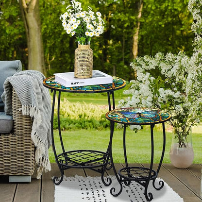 Cinnvoice 2 Pcs Outdoor Side Table Small Patio Round Mosaic Accent End Table Indoor Plant Metal Coffee Tea Tables for Patio Yard Porch Garden Living Room(10" and 14",Butterfly Style)