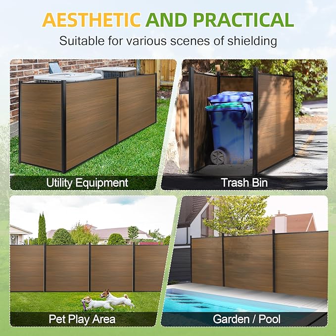 Mondaria Fence Privacy Screen with 8ft In-ground Posts, 6ft(H) x 24ft(W) Wood Plastic Composite Fence Panels Weather-Resistant Outdoor Fence for Backyard/Garden (Brown, 5 Posts)