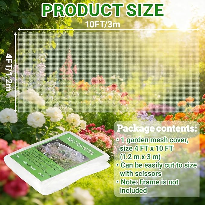 4FT x 10FT Garden Netting Ultra Fine Mesh Netting Plant Cover Insect Bird Netting Barrier for Garden Row Cover for Raised Beds/Greenhouse Vegetables Fruits Flowers Trees