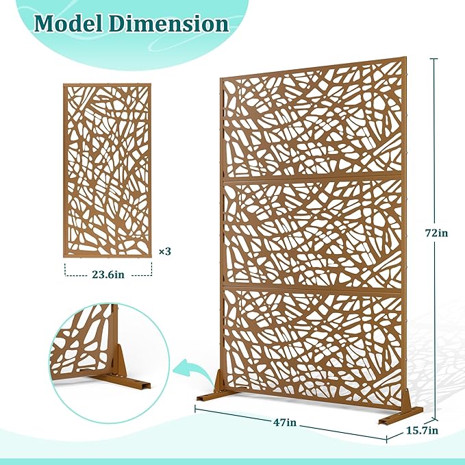 Metal Privacy Screen Outdoor Privacy Screen, Freestanding Fence Panel for Outside, 72''H×47''W, Decorative Screen Panel for Backyard/Patio/Deck