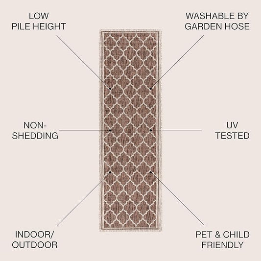 JONATHAN Y Moroccan Trellis Indoor Outdoor Runner Rug 2X20 Espresso/Taupe, Trebol Textured Weave for Backyard, Patio, Porch, Easy-Cleaning, High Traffic, Pet-Friendly, Non-Shedding (SMB109B-220)