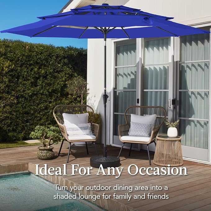 Best Choice Products 10ft 3-Tier Market Patio Umbrella, Outdoor Sun Shade with Tilt, Crank Lift, 8 Ribs for Backyard, Deck, Poolside – Resort Blue
