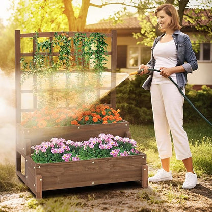 2 Pieces Raised Garden Bed with Trellis, 2-Tier Wooden Elevated Planter Box with Legs, Hemp Rope & Drainage Holes, Raised Plant Bed for Backyard, Garden, Lawn
