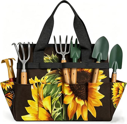 Butterfly Sunflower Funny Garden Tool Bag Waterproof Gardening Tool Storage Bag with Handle & 10 Pockets Gardening Tote Bag for Women Garden Tool Organizer