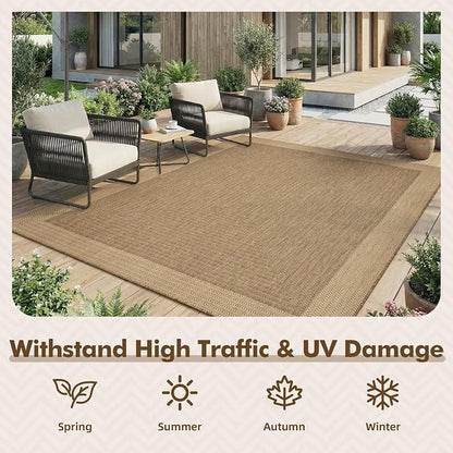 MontVoo-Outdoor Rug-Patio Rug 5x7 ft Polypropylene Indoor Outdoor Rugs Outdoor Carpet for Patio Deck Balcony Porch, Textured Weave, Durable for High Traffic, Fade-Resistant, Modern Neutral Brown