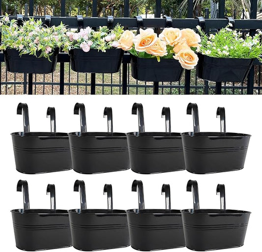 12" Balcony Railing Planters, Outdoor Hanging Planter for Fence, Stylish Metal Porch Deck Flower Pot for Herbs & Succulents (Black, Pack of 8)