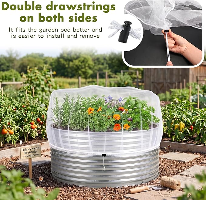 Woanger 3 Pack Garden Netting for Raised Beds Fine Mesh Plant Cover with Drawstring for 2 ft Dia x 1 ft Round Raised Beds Animal Barrier for Bird Pest Vegetables Fruits Flowers