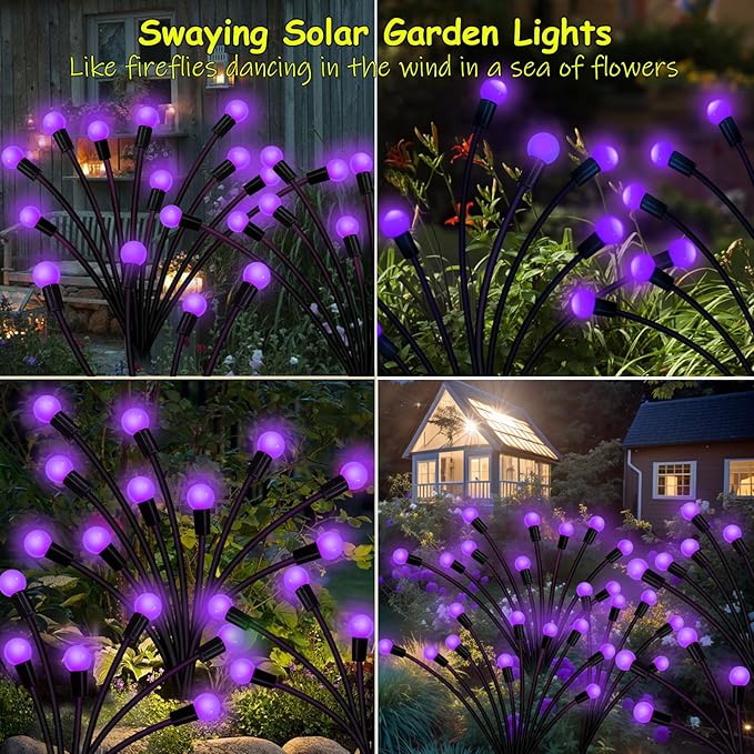 Solar Garden Lights Outdoor, 2 Pack 16 LED Solar Purple Firefly Lights Waterproof, Starburst Wind Swaying Light for Outside Yard Patio Planter Flower Bed Walkway Halloween Christmas Decoration