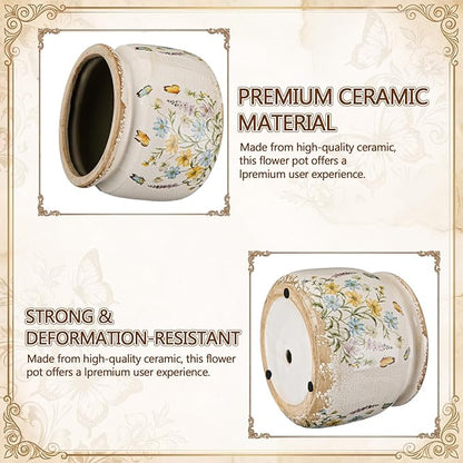 7.7″ Large Vintage Ceramic Plant Pot with Butterfly Pattern Warm Yellow Rustic Planter with Ice Crackle Glaze & Drainage Hole for Indoor Outdoor Plants Home Kitchen Office Decor Gift