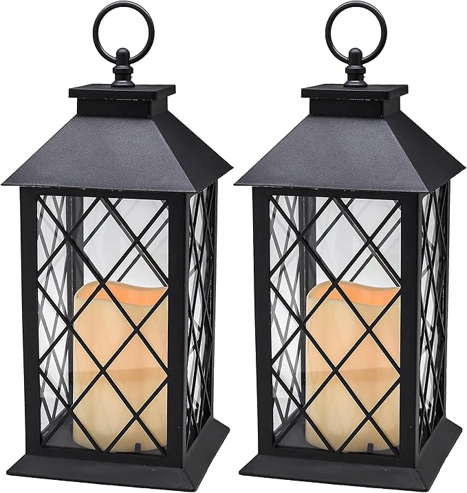 YAKii 13" Decorative Candle Lantern with LED Flameless Candle and Timer, Plastic LED Candle & Holder, Indoor & Outdoor Hanging Lights Thanksgiving &Christmas Day Decorations (Black 2 PCS)