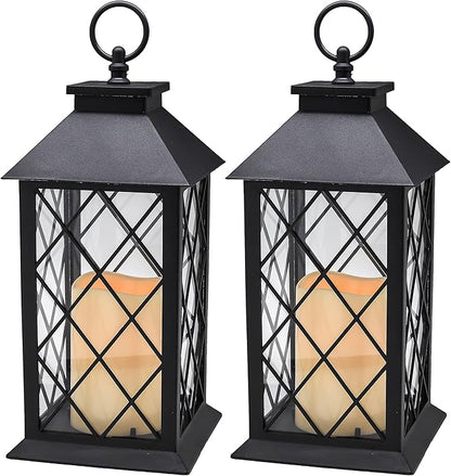 YAKii 13" Decorative Candle Lantern with LED Flameless Candle and Timer, Plastic LED Candle & Holder, Indoor & Outdoor Hanging Lights Thanksgiving &Christmas Day Decorations (Black 2 PCS)