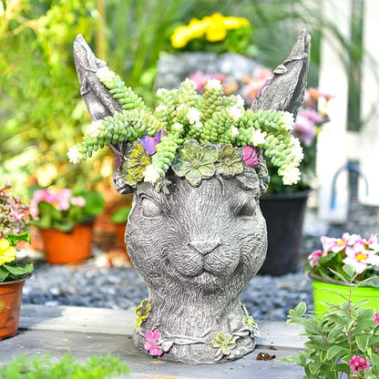 Sungmor Bobby Rabbit Head Planter - Premium Resin & 14.6" Tall Large Garden Pot - Lovely Animal Figurine Ornament Plant Container - Hand-Painted Decorative Plant Pot Indoor Artificial Flower Vase