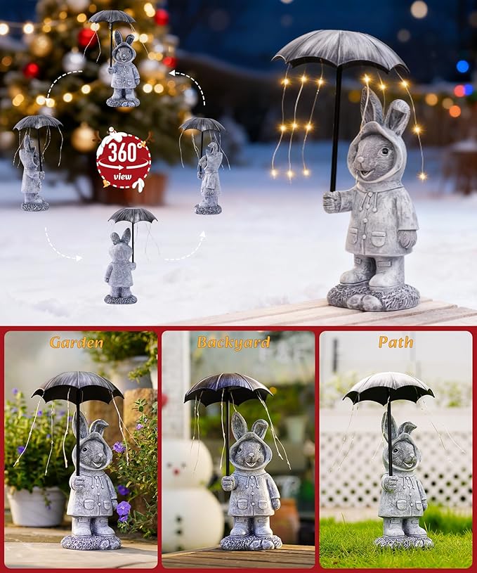 Solar Rabbit Garden Statue Outdoor Decor, Bunny Figurines Lights with Umbrella for Outside Yard Lawn Ornaments,Gifts for Mother's Day Birthday Easter Housewarming(Grey)