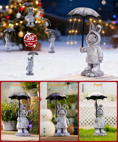 Solar Rabbit Garden Statue Outdoor Decor, Bunny Figurines Lights with Umbrella for Outside Yard Lawn Ornaments,Gifts for Mother's Day Birthday Easter Housewarming(Grey)