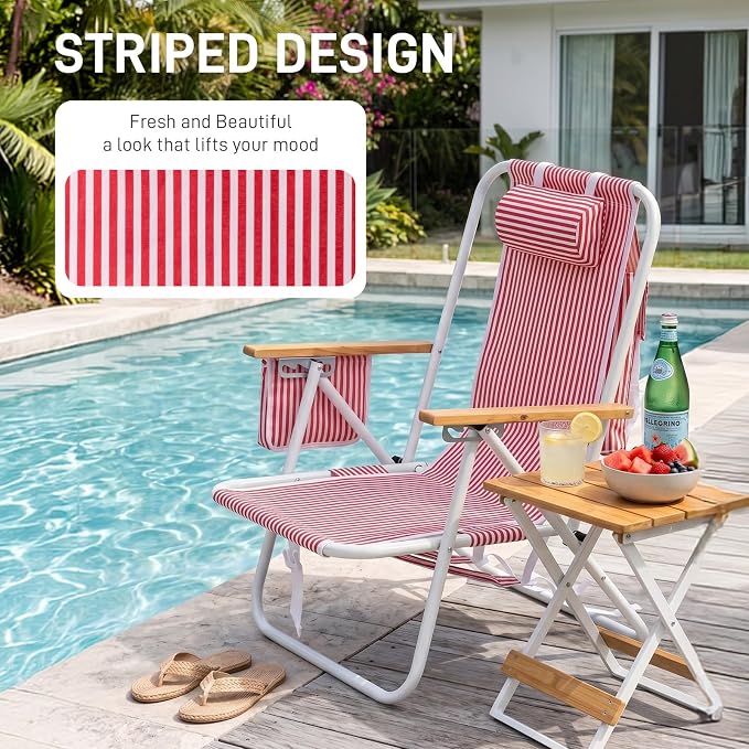 Outvita Folding Beach Chair, 4 Position Adjustable Reclining Lounge Chair with Padded Headrest, Large Rear & Side Storage Pockets, Lightweight Portable Outdoor Chair for Beach Pool Garden BBQ