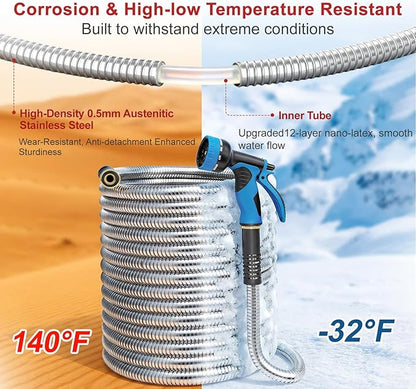 Lefree 75ft Metal Garden Hose - Heavy Duty 304 Stainless Steel Flexible Water Hose, No Kinks & Leak-Proof with Upgraded Handle, 10-Function Spray Nozzle for Yard, Garden, Pet Bath, Outdoor Cleaning