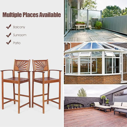 COSTWAY Bar Stools Set of 2, Outdoor Acacia Wood Bar Chairs with Sunflower Backrest, Curved Armrests & Breathable Seat, Ideal for Balcony, Sunroom, Patio, Easy Assembly