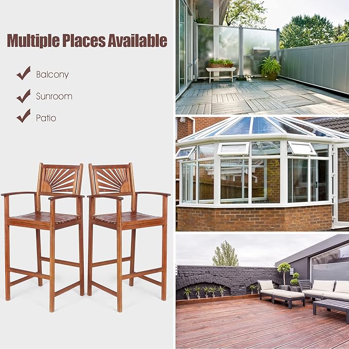 COSTWAY Bar Stools Set of 4, Outdoor Acacia Wood Bar Chairs with Sunflower Backrest, Curved Armrests & Breathable Seat, Ideal for Balcony, Sunroom, Patio, Easy Assembly