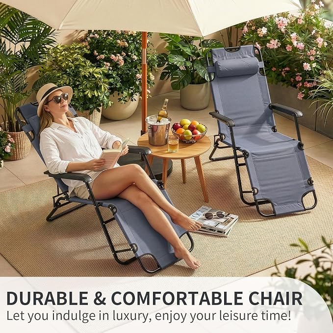 Outvita Folding Chaise Lounge Chair, Outdoor Adjustable Recliner Chair with Pillow for Camping, Beach, Poolside, Garden, Backyard, Lawn