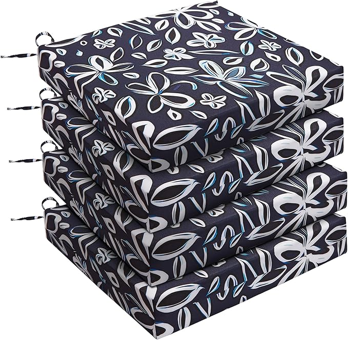UNIKOME Outdoor Chair Cushions Pack of 4, Water Resistant Patio Cushions with Ties, High Density Sponge Filling Square Corner Seat Cushions for Outdoor Furniture, 24"*24"*4", Navy/White
