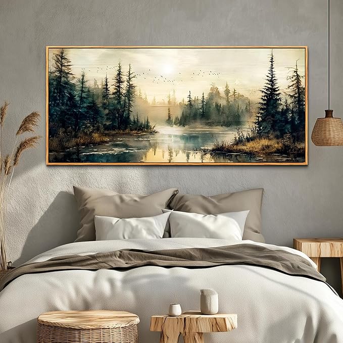 FUHAIHUA Wood Framed Large Wall Decor For Living Room Canvas Wall Art For Office Farmhouse Wall Decorations For Bedroom Forest River Landscape Paintings Modern Pictures Artwork Room Home Decor 32x72 In