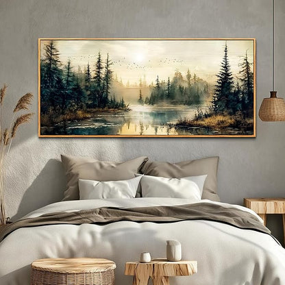 FUHAIHUA Wood Framed Large Wall Decor For Living Room Canvas Wall Art For Office Farmhouse Wall Decorations For Bedroom Forest River Landscape Paintings Modern Pictures Artwork Room Home Decor 32x72 In