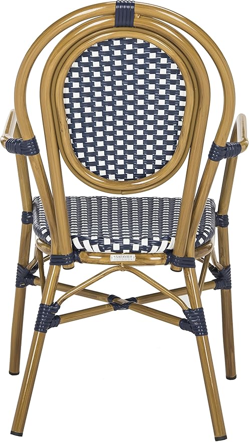 SAFAVIEH PAT4014A-SET2 Outdoor Collection Rosen Navy and White French Bistro Stacking Arm Chair