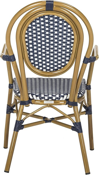 SAFAVIEH PAT4014A-SET2 Outdoor Collection Rosen Navy and White French Bistro Stacking Arm Chair