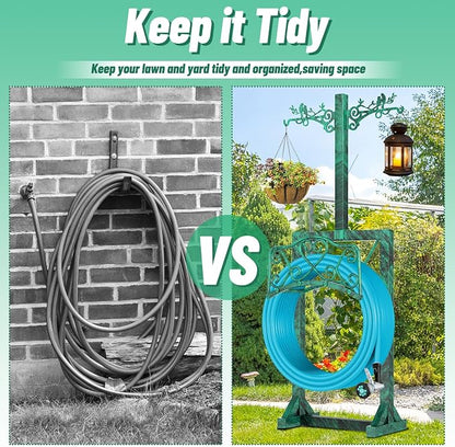 Garden Hose Holder for Outside, Upgraded Water Hose Holders with 2 Shepherds Hooks,Freestanding Heavy Duty Hose Stand Hose Hanger Hose Storage Hose Reel Rack for Yard Lawn Farm(Antique Green)