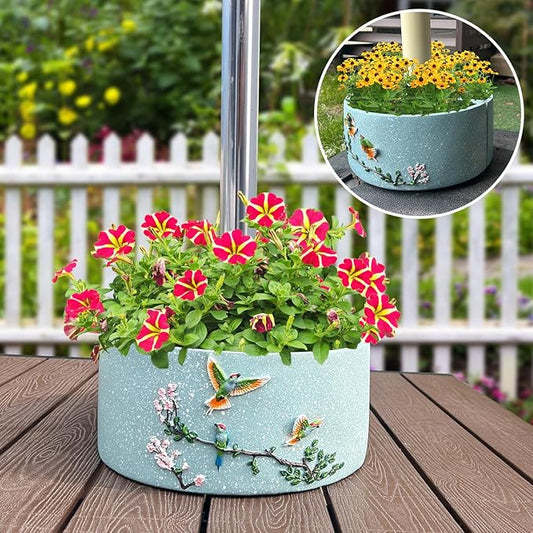 2pcs Patio Umbrella Planter Around Umbrella Planter Blue Weatherproof with Drainage Holes Half-Circle Planter Pots with Umbrella Rod Hole for Terrace Tables