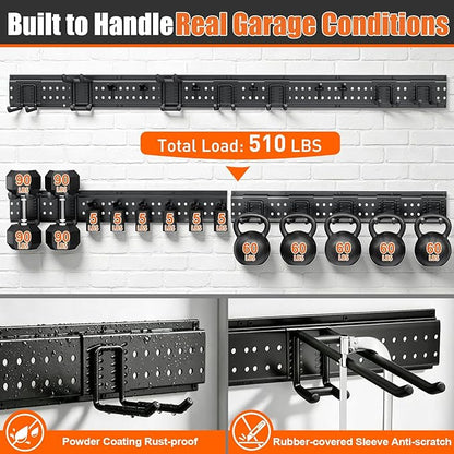 Garage Tool Organizer Wall Mount 66 inches with 13 Adjustable Heavy-Duty Hooks, Garage Organization, Garden Tool Storage Rack for Garage, Yard, and Shed, Holds Up to 520 lbs