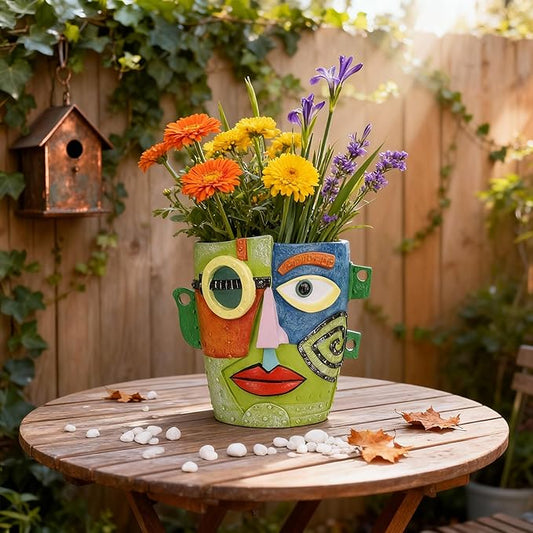Abstract Face Planter Pot, Hand-Painted Resin Flower Pot with Top Opening for Planting, Decorative Planter for Indoor Plants, Art Accent Flowerpot Decor