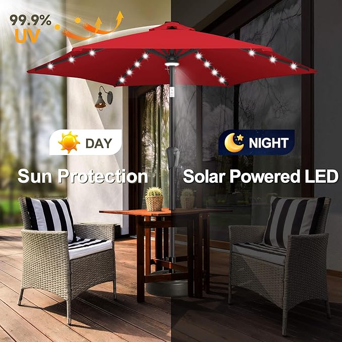 FLAME&SHADE 7.5 ft Solar Powered Outdoor Market Patio Table Umbrella with LED Lights and Tilt, Red
