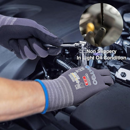 KAYGO Safety Work Gloves MicroFoam Nitrile Coated, 3 Pairs KG18NB,Seamless Knit Nylon Glove for Men and Women, Ideal for Automotive,Warehouse,Construction (Small,Gray)