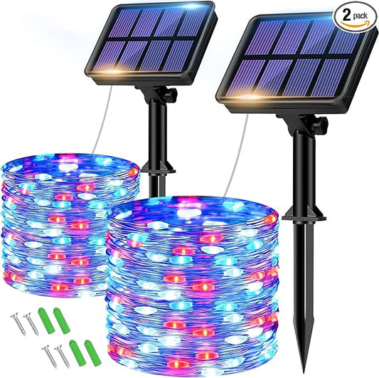 btfarm 2 Pack Red White and Blue Solar Fairy Lights, 4th of July Solar String Lights Outdoor Waterproof, 160LED 66FT Memorial Independence Day Patriotic Decorations for Outside Tree Garden Patio Yard