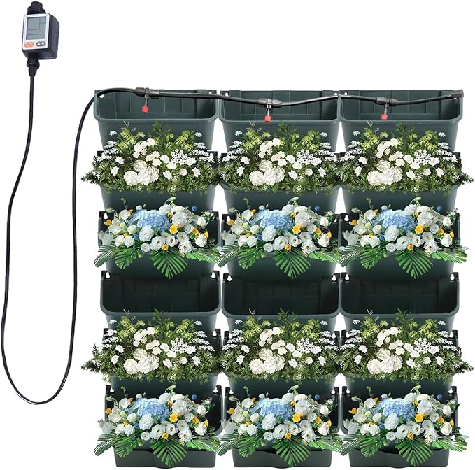 18 Pots Vertical Garden Planter, 6 Tiers Self-Watering Wall-Mounted Flower Pot Bags,Vertical Wall Planter w/Timer&18pcs Plant Pots, Hanging Planter Rack Balcony Planter for Herb (Green)