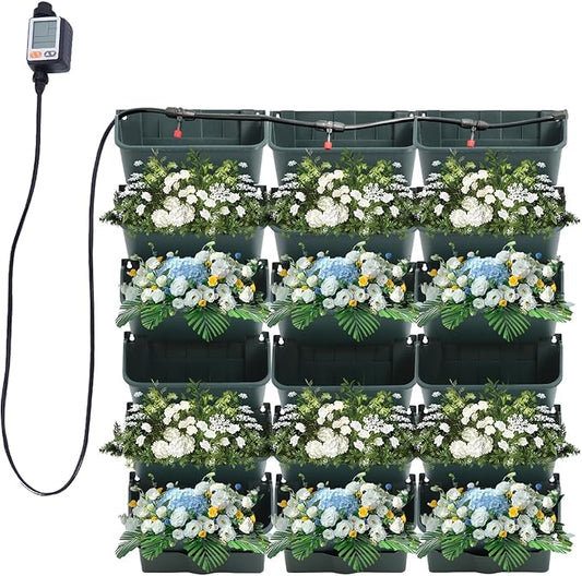 18 Pots Vertical Garden Planter, 6 Tiers Self-Watering Wall-Mounted Flower Pot Bags,Vertical Wall Planter w/Timer&18pcs Plant Pots, Hanging Planter Rack Balcony Planter for Herb (Green)